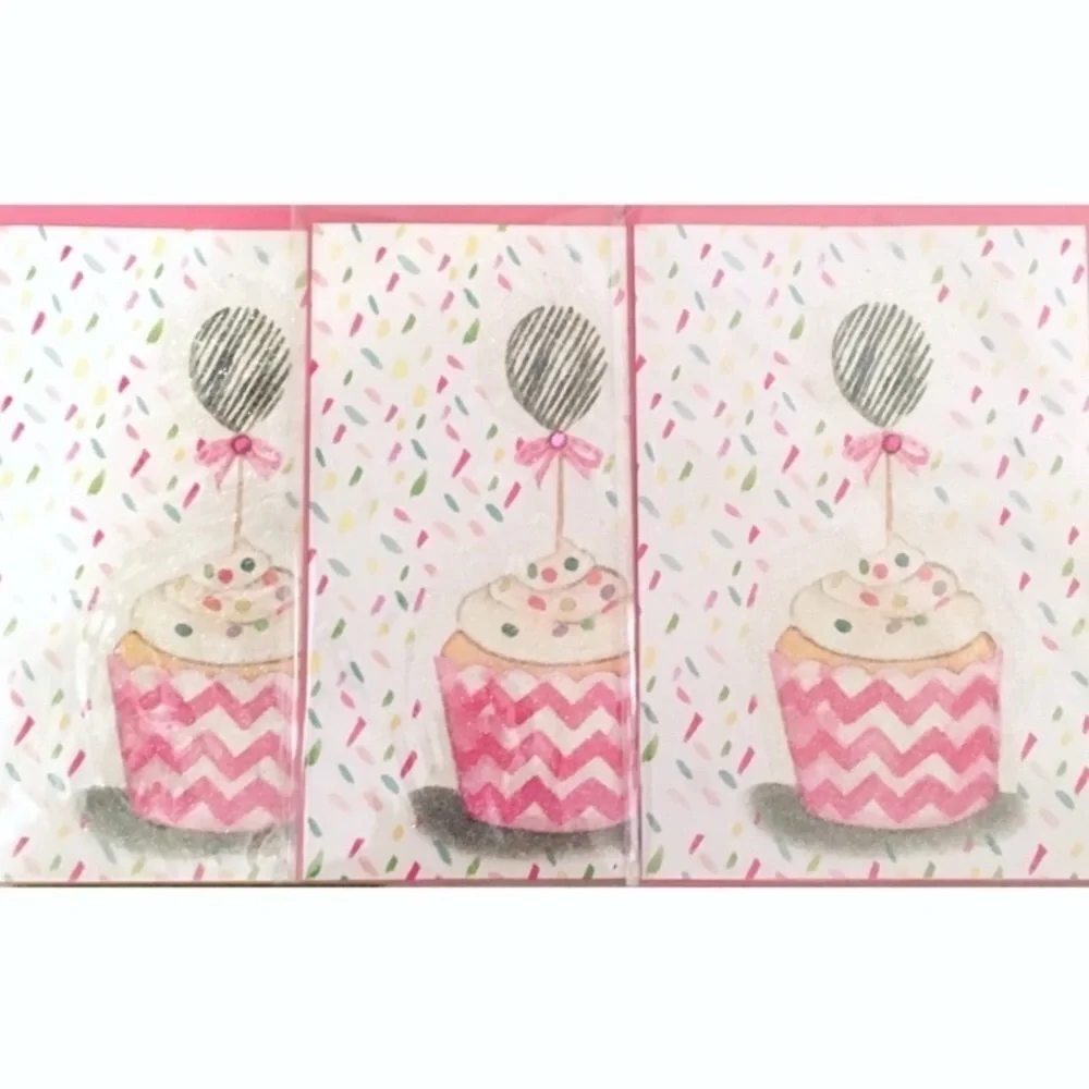 3 Handmade Greeting Cards Blank Envelopes Cupcake Birthday Confetti Glitter Bow